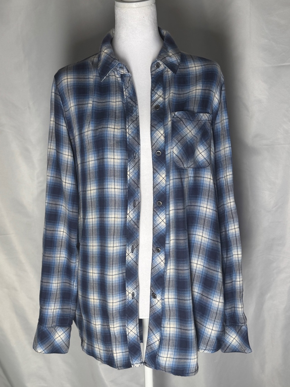 Blue White Plaid Shirt Jacket Oversized Lightweight Flannel Button Up Medium